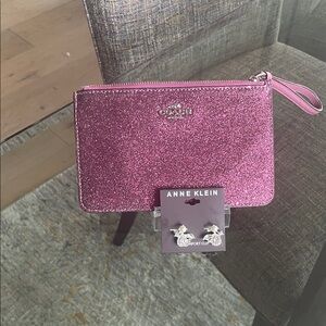 Coach Fuchsia Glitter Wristlet/ Anne Klein crystal earrings bundle